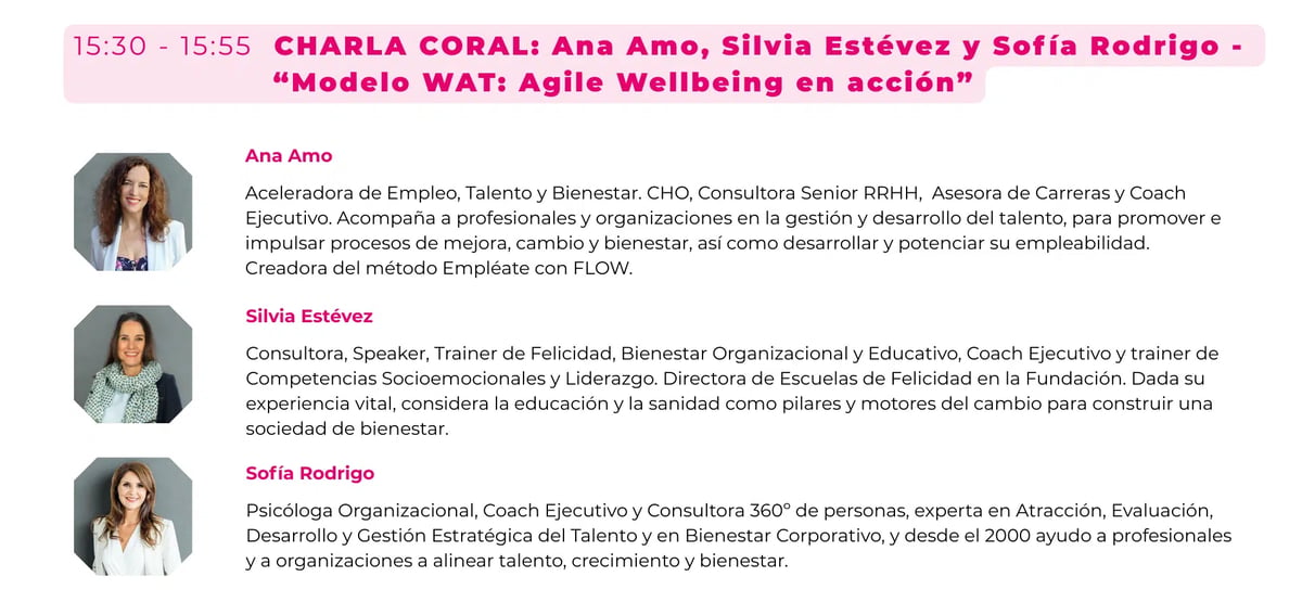 Coral talk — WAT model: Agile Wellbeing in action — Silvia Estévez · Sofía Rodrigo · Ana Amo