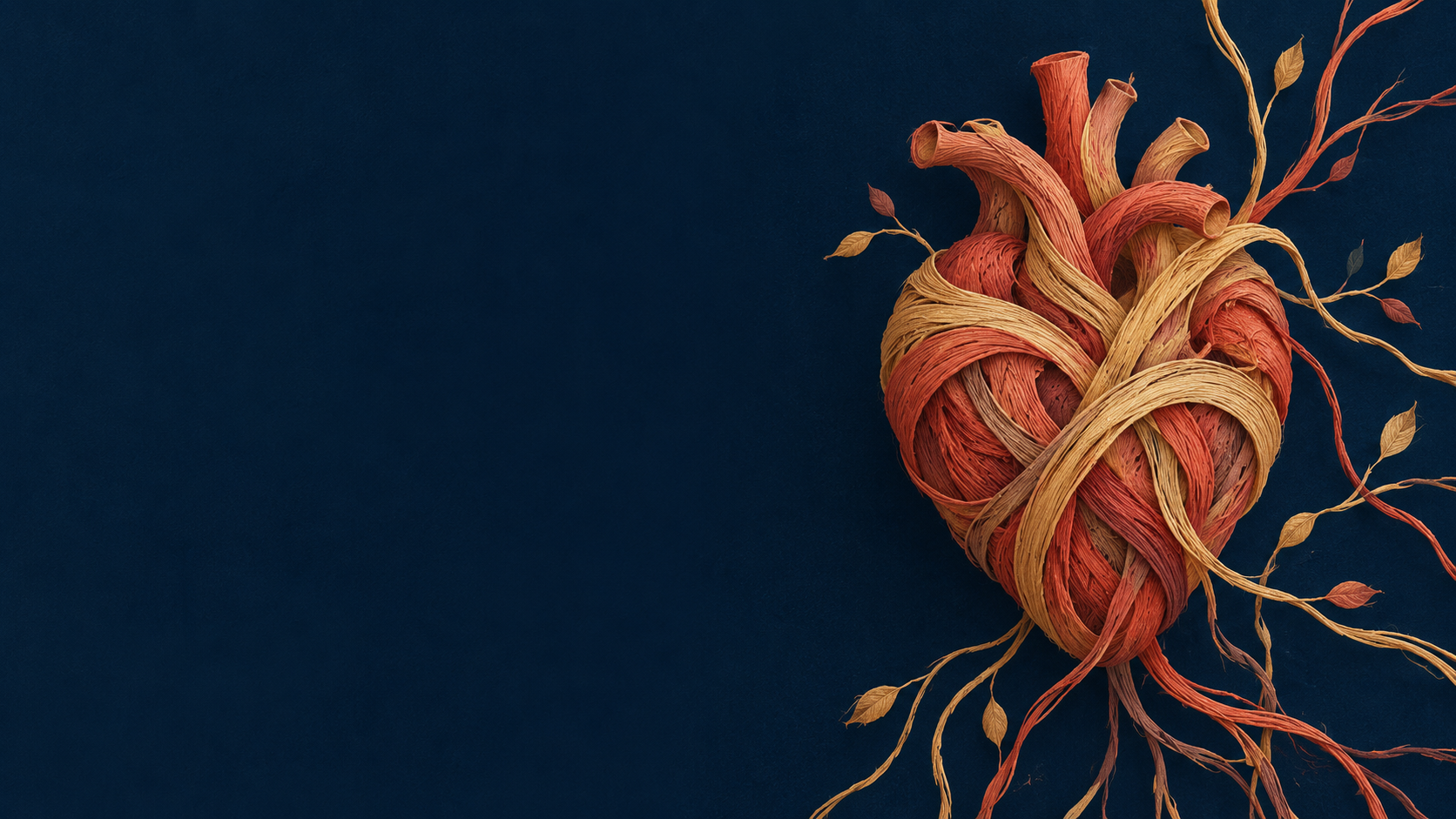 Illustration from the Lead with Heart presentation: a heart woven from red and golden fibres, with leafy branches growing outward, on a deep navy background
