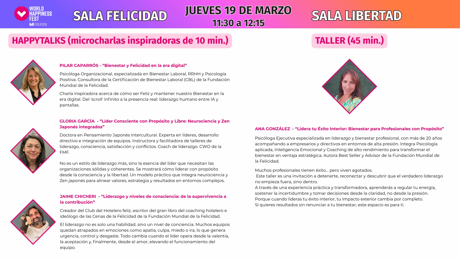 Workshops — Thursday — Sala Felicidad & Sala Libertad · 11:30–12:15