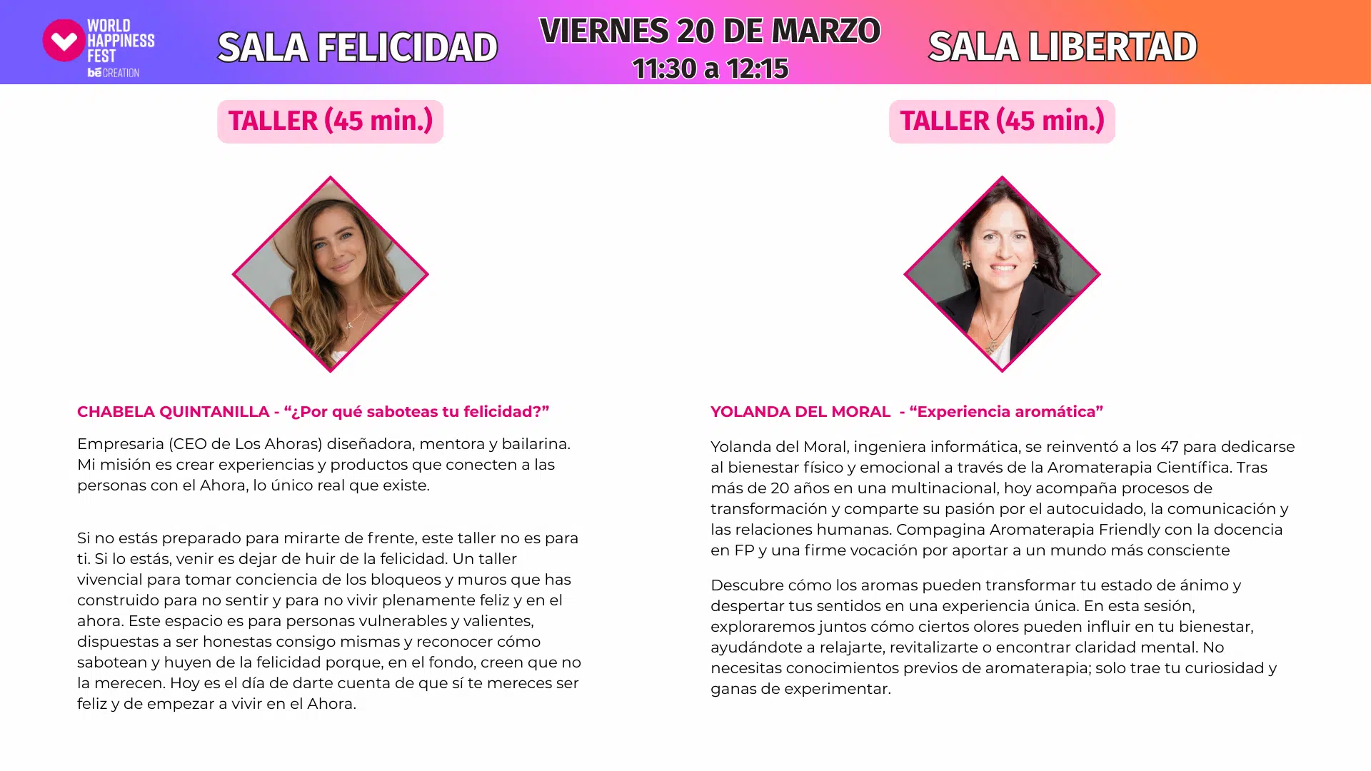 Workshops — Friday — Sala Felicidad & Sala Libertad · 11:30–12:15