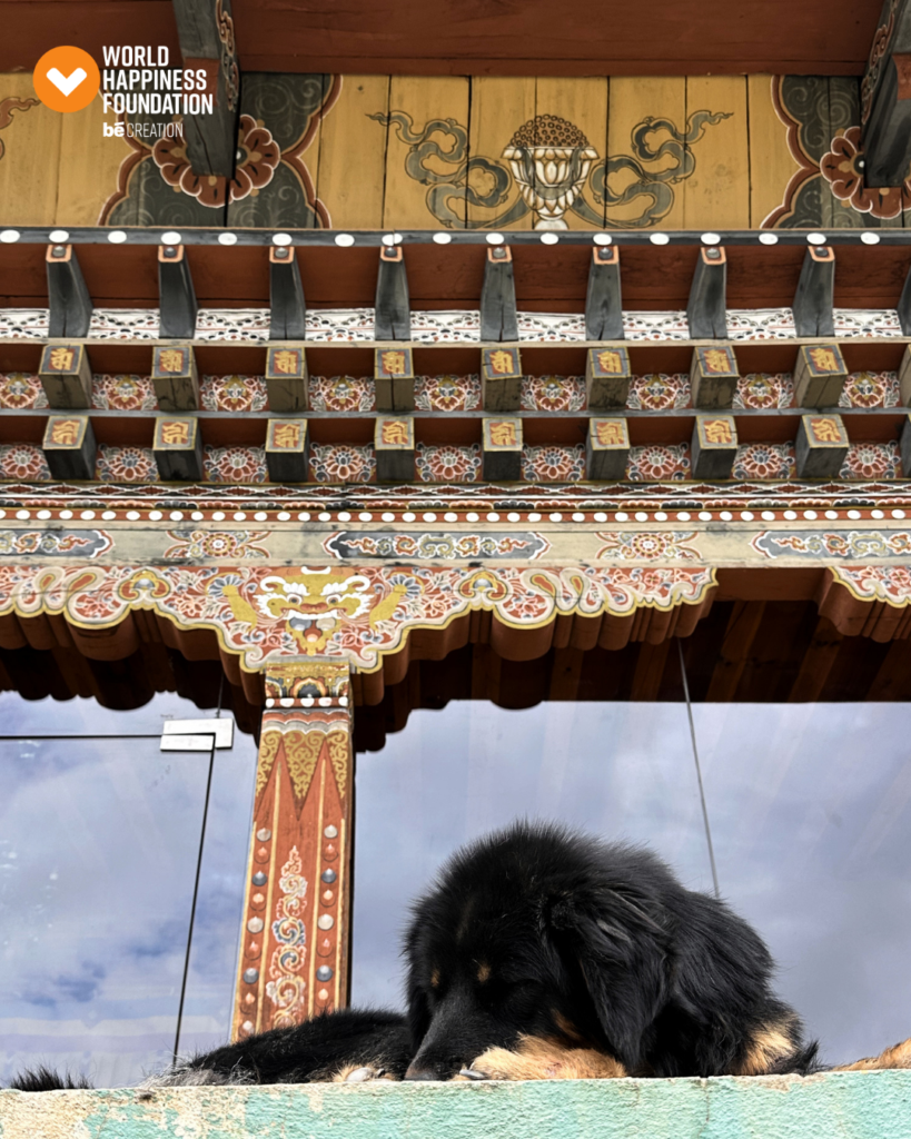 A dog resting under the painted eaves of a Bhutanese temple