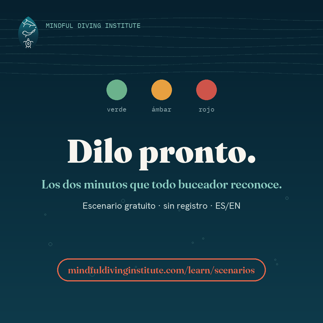 Colores de disposición verde, ámbar y rojo sobre las palabras Dilo pronto — los dos minutos que todo buceador reconoce.
