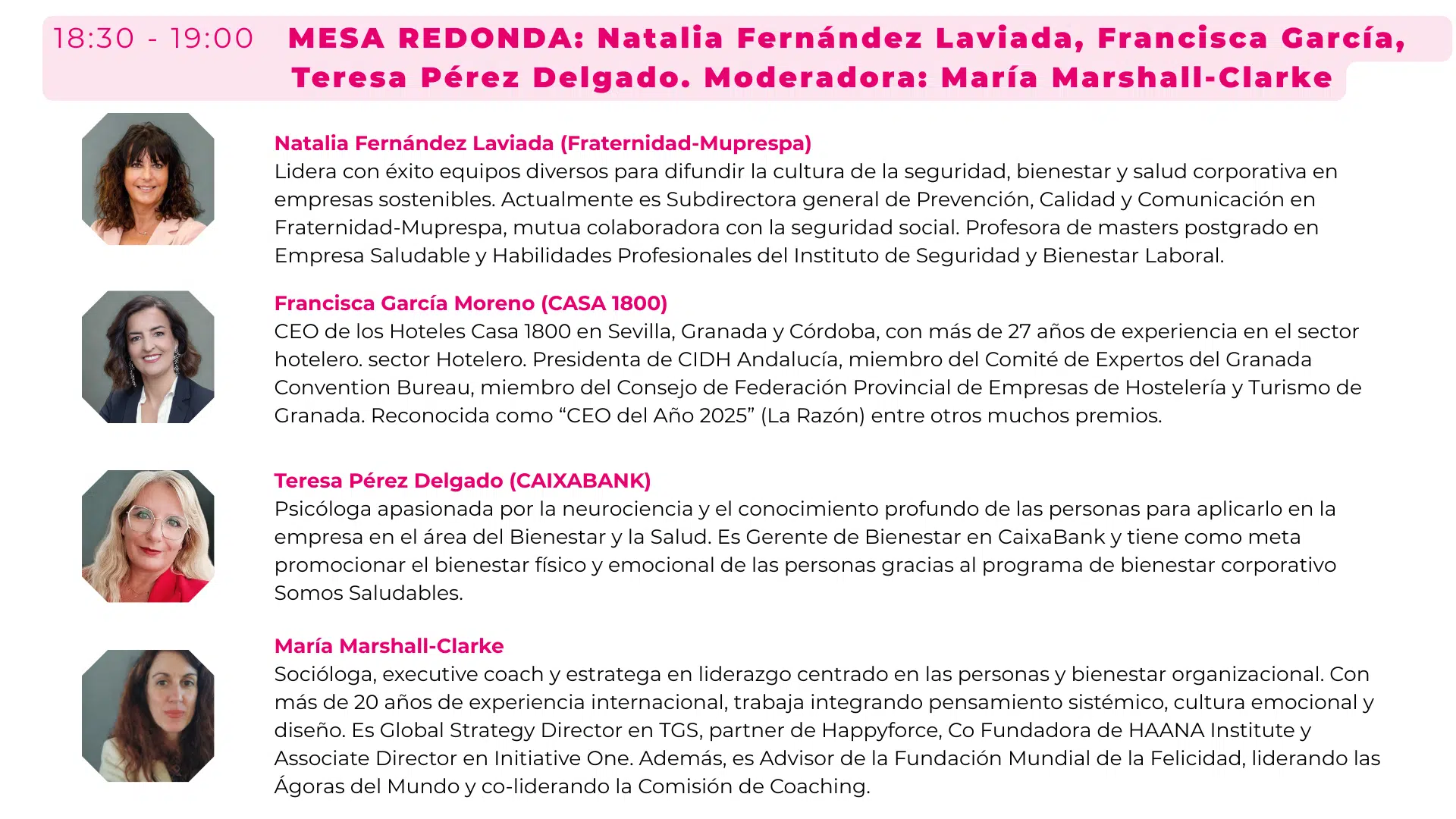 Round table — Natalia Fernández Laviada · Francisca García · Teresa Pérez Delgado · Mod. María Marshall Clarke