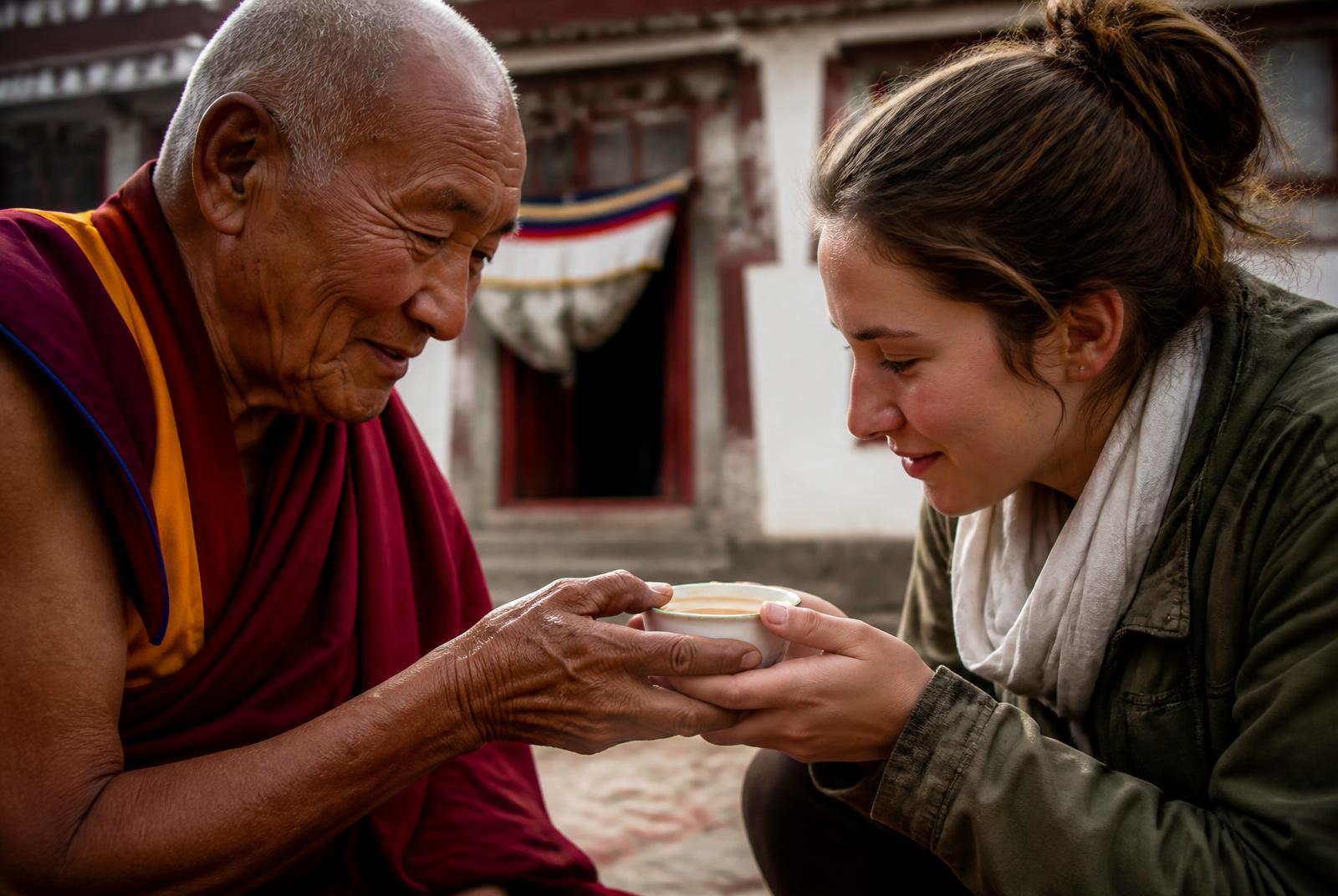 An elder monk and a young volunteer sharing a cup of tea with both hands