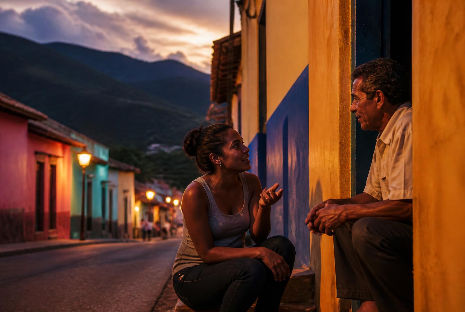 Two people talking on a doorstep in a colourful street at dusk with mountains behind